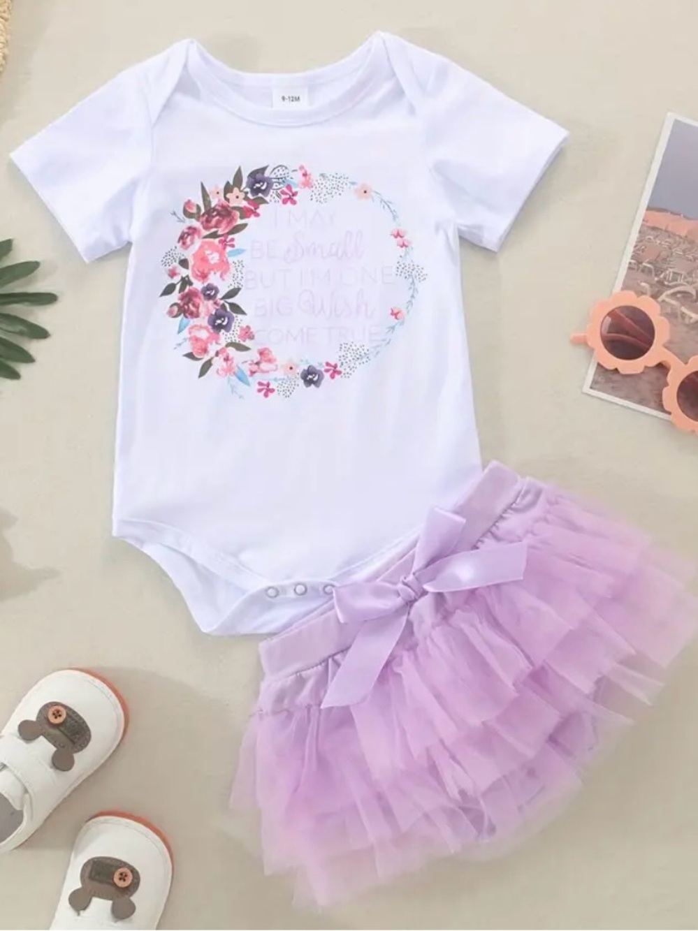 White Floral Baby Onesie with Lavender Tulle Skirt